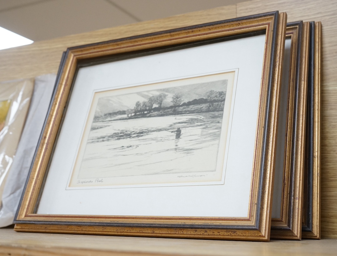 Norman Wilkinson (1878-1971), set of four etchings, to include: ‘Loch fishing’, 'A likely cast' and ‘Shepherd's pool’, each signed in pencil, 15 x 21cm. Condition - fair